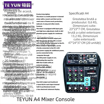 TEYUN A4 mixer mini cu 4 canale pentru computer, streaming live și karaoke — consolă audio profesională