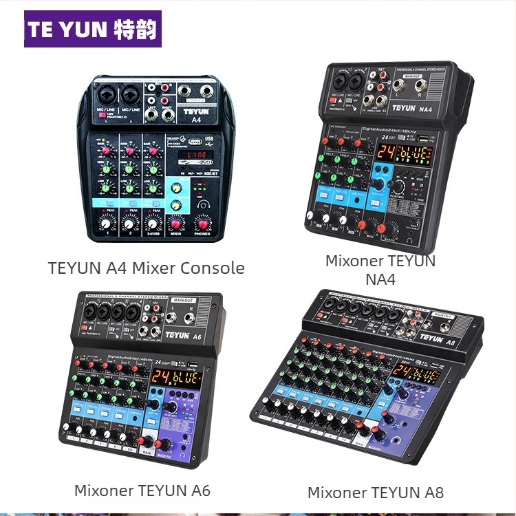 TEYUN A4 mixer mini cu 4 canale pentru computer, streaming live și karaoke — consolă audio profesională