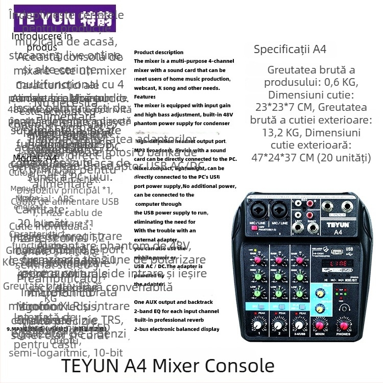 TEYUN A4 mixer mini cu 4 canale pentru computer, streaming live și karaoke — consolă audio profesională