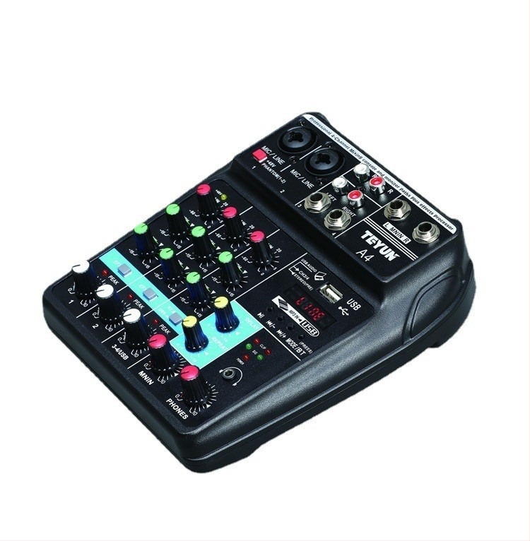 TEYUN A4 mixer mini cu 4 canale pentru computer, streaming live și karaoke — consolă audio profesională