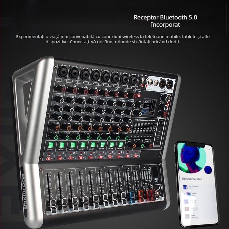 Mixer profesional cu amplificator încorporat, puternic pentru spectacole pe scenă și nunți, Bluetooth, reverb și egalizator, toate într-un singur dispozitiv, 4/6/8 canale