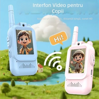 Walkie-talkie video pentru copii, set 2 bucăți, dual-channel cu afișaj, rază până la 1,5 km, baterie litiu 650 mAh