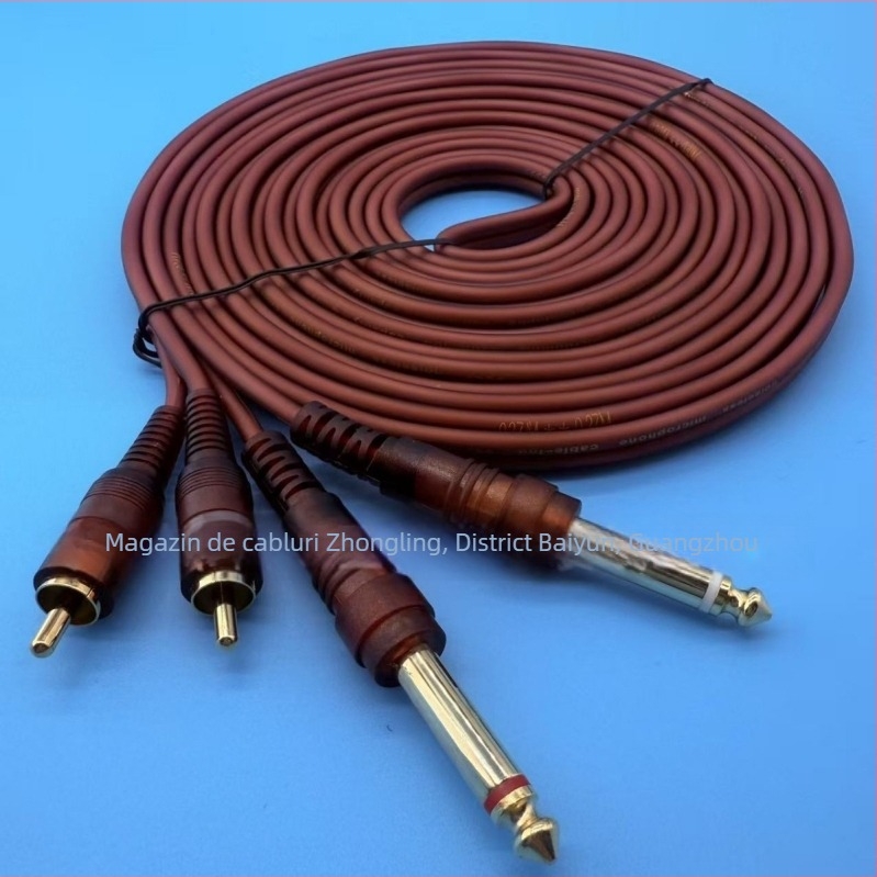 Cablu audio ecranat Zhongling, 6,35 mm la 2RCA, 6,5 mm la conectori banana dubli, husă din PVC elastică, pentru audio și video