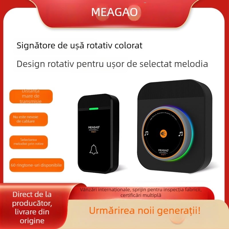 Sonerie fără fir pentru ușă, alimentare AC 85–220V, rază de acțiune 200–300 m, 60 sonerii, volum în 4 trepte (inclusiv modul mut), pentru casă/hotel/vilă/oficiu