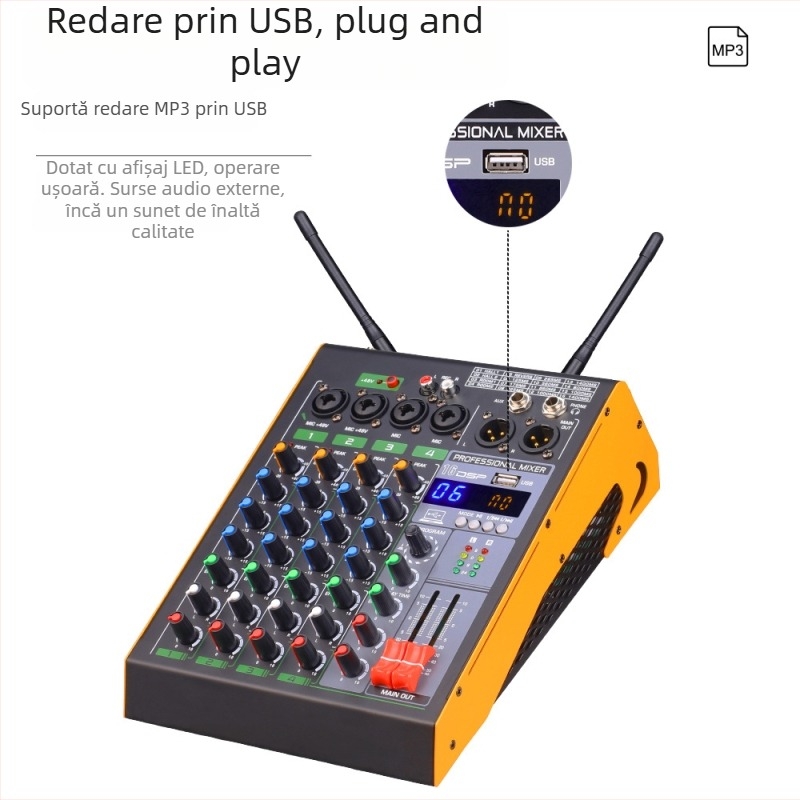 COKYIS mixer Bluetooth cu 4 canale, sistem dual de microfoane wireless și interfață USB pentru streaming live