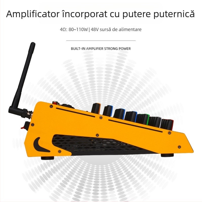 COKYIS mixer Bluetooth cu 4 canale, sistem dual de microfoane wireless și interfață USB pentru streaming live