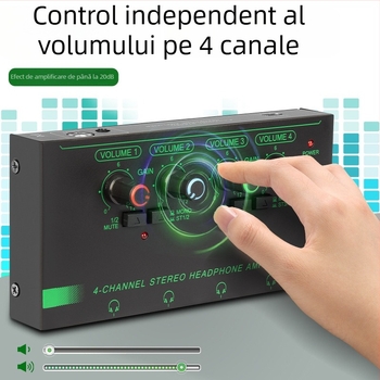 Amplificator pentru căști cu patru canale, comutator mono/stereo, divizor mini de semnal, microfon și instrument muzical