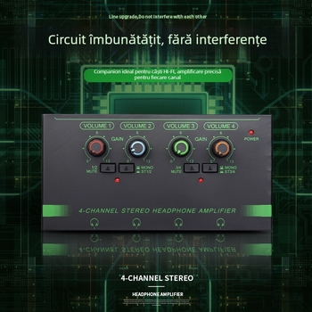 Amplificator pentru căști cu patru canale, comutator mono/stereo, divizor mini de semnal, microfon și instrument muzical