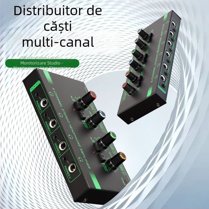 Amplificator pentru căști cu patru canale, comutator mono/stereo, divizor mini de semnal, microfon și instrument muzical