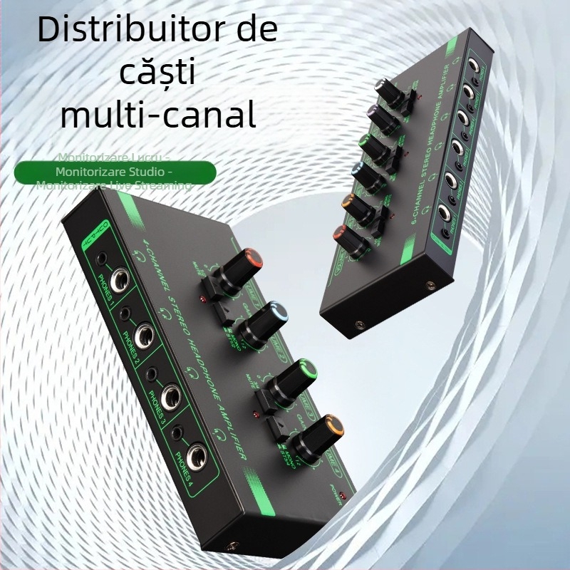 Amplificator pentru căști cu patru canale, comutator mono/stereo, divizor mini de semnal, microfon și instrument muzical