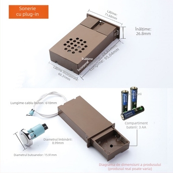 Sonerie pentru ușa de intrare, analog Ding-Dong, alimentare cu 3 baterii AA (4.5V), potrivită pentru intrare, fără funcții inteligente