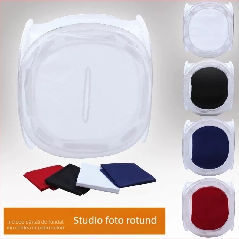 Cort fotostudio rotund pliabil cu cutie de iluminare difuză și patru fundaluri colorate