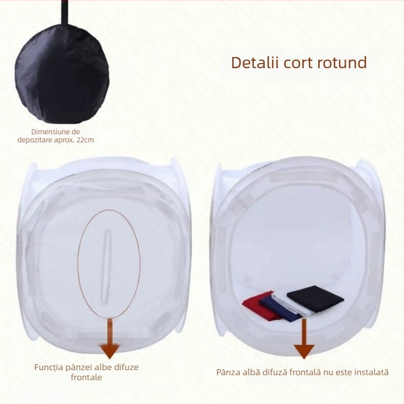 Cort fotostudio rotund pliabil cu cutie de iluminare difuză și patru fundaluri colorate
