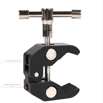 Clema metalică cu gheare de crab, fixare tip Q, reglaj universal, prindere tub pentru echipament fotografic (metal; încărcare maximă 2–5 kg; greutate 150 g; pentru transmisiile live și fotografie)