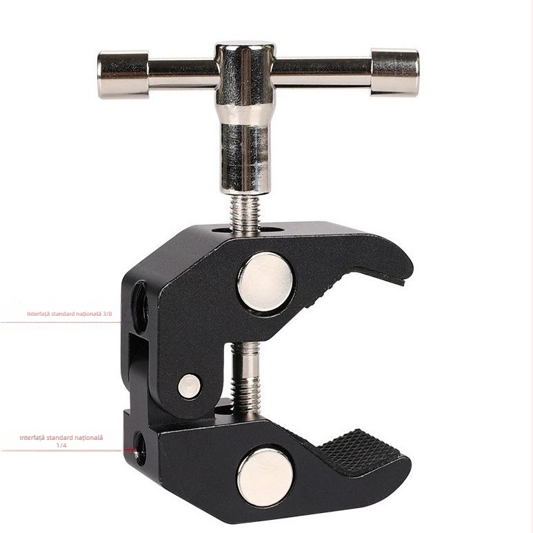 Clema metalică cu gheare de crab, fixare tip Q, reglaj universal, prindere tub pentru echipament fotografic (metal; încărcare maximă 2–5 kg; greutate 150 g; pentru transmisiile live și fotografie)