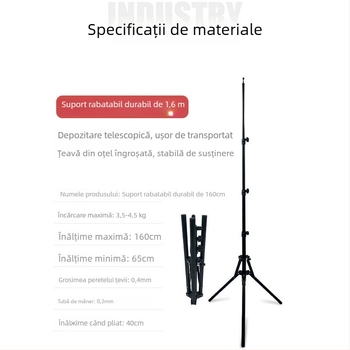 Trepied fotografic de podea, construcție din fier și nailon, 3 secțiuni, diametrele tuburilor 16–25 mm, capacitate de încărcare 2–4 kg