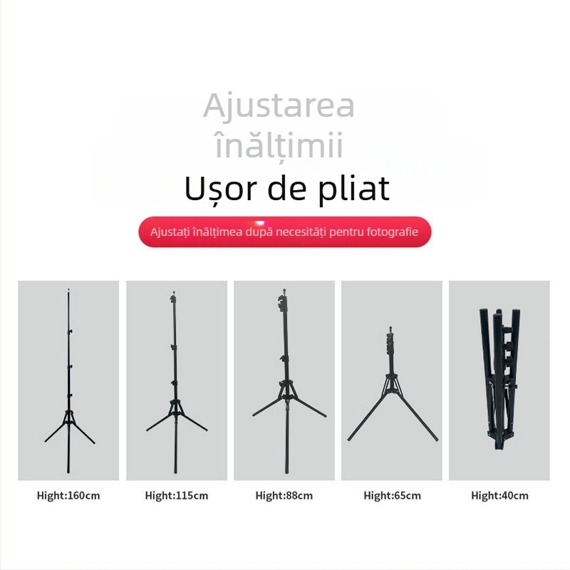 Trepied fotografic de podea, construcție din fier și nailon, 3 secțiuni, diametrele tuburilor 16–25 mm, capacitate de încărcare 2–4 kg