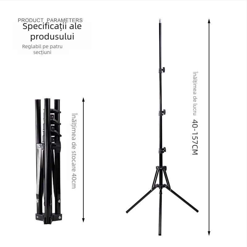 Stativ de iluminare pentru cameră, pliere inversă, 4 secțiuni, construcție metal+PP, sarcină 3 kg, diametre tuburi 25/22/19/16 mm