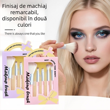 Set de 5 pensule de machiaj cu peri sintetice, mânere acrilice, în cutie — pensule pentru fard de ochi, pudră, blush, contur, umbră nasului și iluminator.