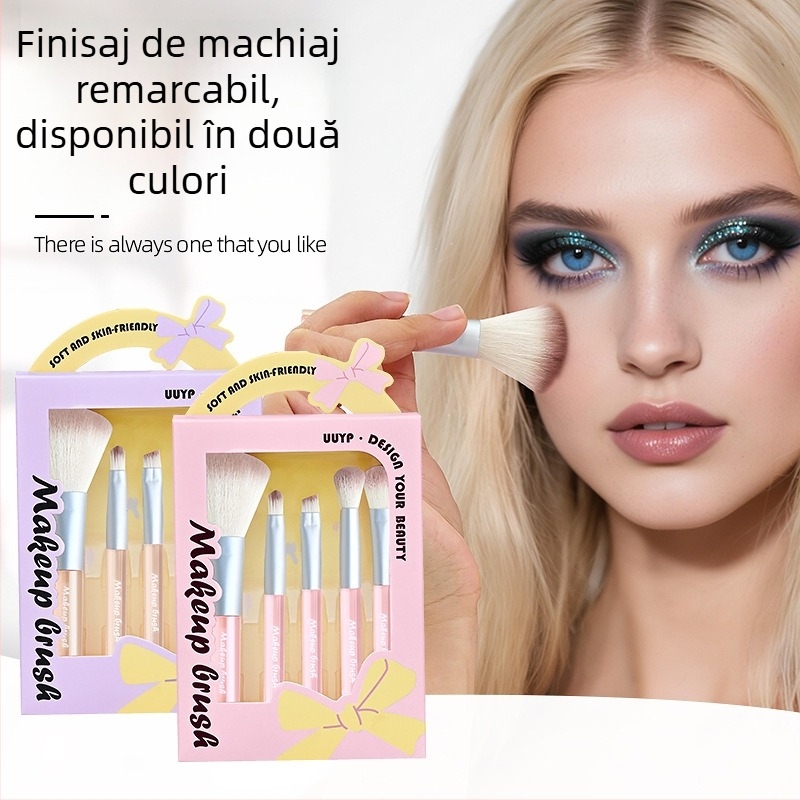 Set de 5 pensule de machiaj cu peri sintetice, mânere acrilice, în cutie — pensule pentru fard de ochi, pudră, blush, contur, umbră nasului și iluminator.
