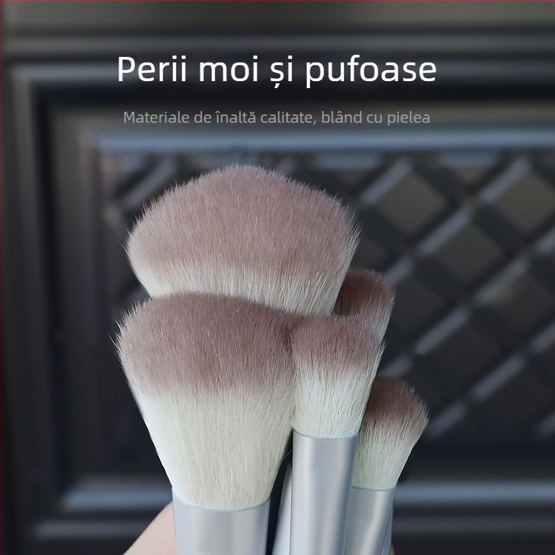 Set de 5 pensule de machiaj cu peri sintetice, mânere acrilice, în cutie — pensule pentru fard de ochi, pudră, blush, contur, umbră nasului și iluminator.