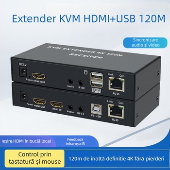 Extensor KVM 4K (3840x2160@30Hz), RJ45 către HDMI prin rețea, până la 120 m, cu IR loop-out și separare audio, model HKM120