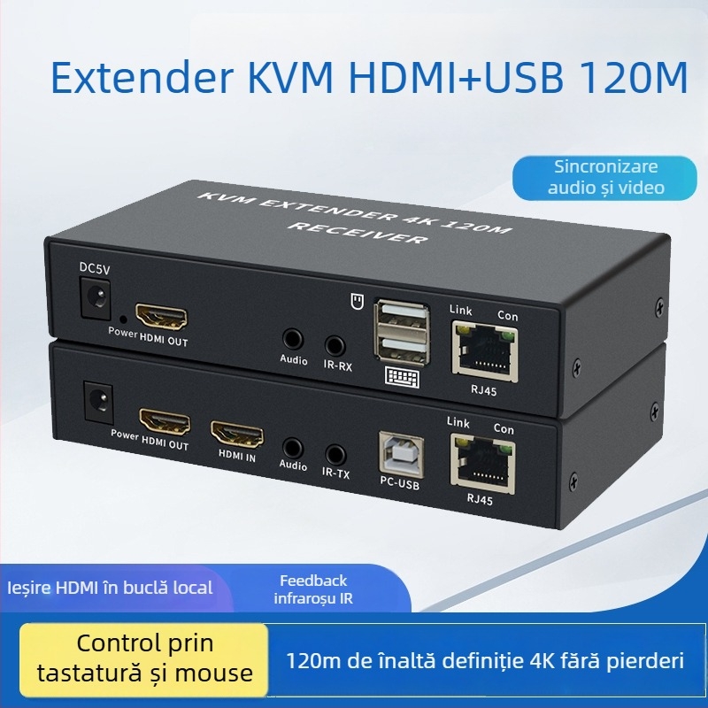 Extensor KVM 4K (3840x2160@30Hz), RJ45 către HDMI prin rețea, până la 120 m, cu IR loop-out și separare audio, model HKM120