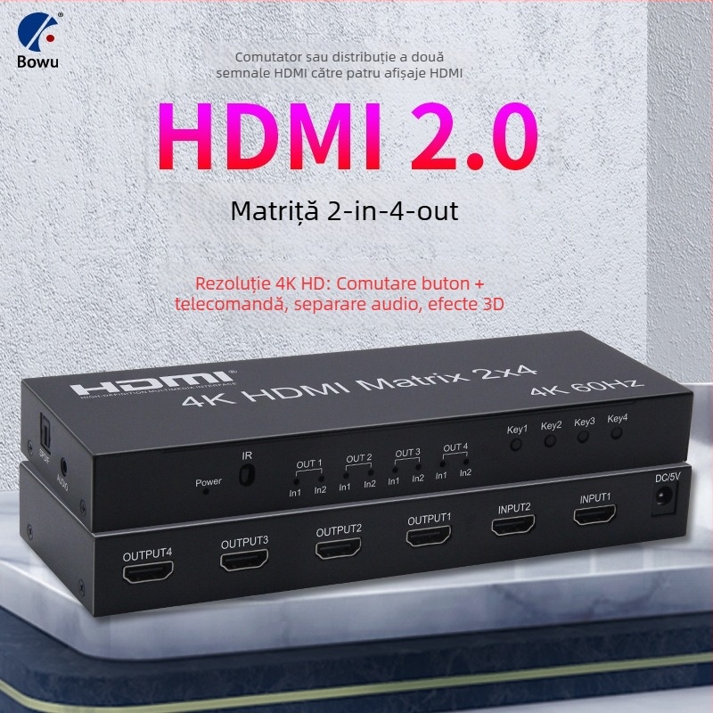 Matrix HDMI 2x4 cu comutare ieșire audio, 4K@60Hz, comutator/distribuitor, telecomandă inclusă