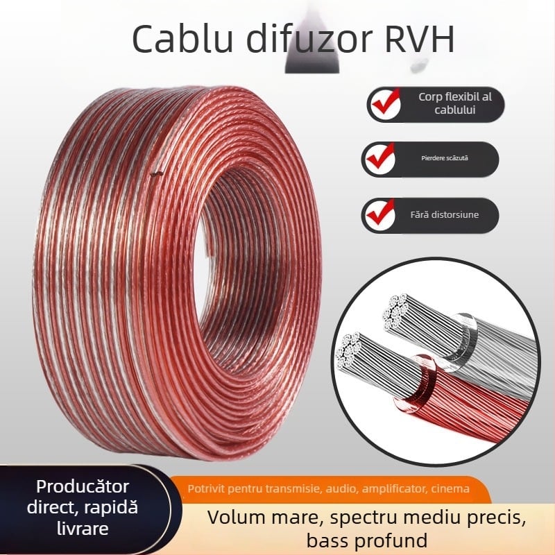 Cablu audio pentru boxe – 150 nuclee OFC din cupru, izolație PVC, conductori transparenți aur-argintiu, pentru amplificatoare și difuzoare, certificat conform Standardului Național