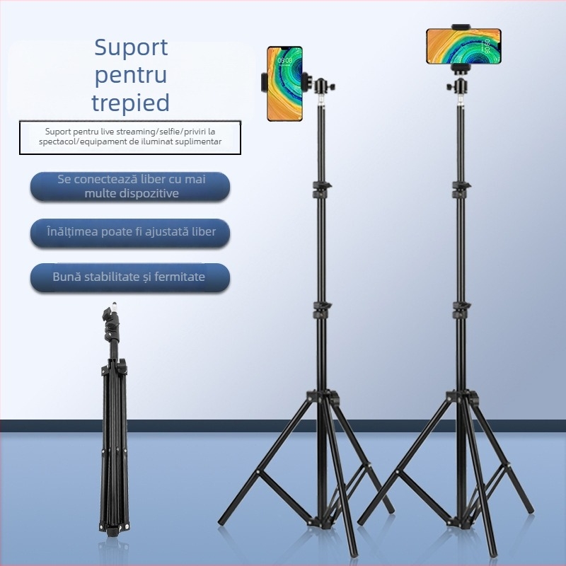 Stativ pentru telefon mobil pentru streaming live, țeavă metalică/ABS, diametrul 25/22/19 mm, 2 segmente, înălțime maximă 2 m