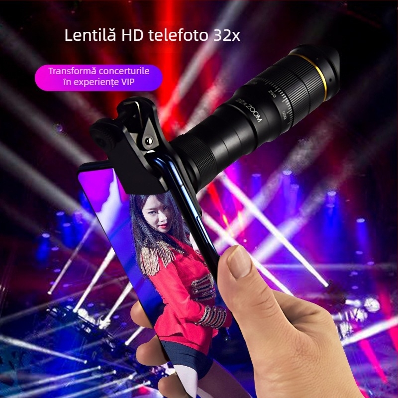 Lentilă teleobiectiv pentru telefon cu zoom 32x, obiectiv teleobiectiv extern universal pentru smartphone, reglaj rapid al zoomului, compatibil cu Apple, Samsung, Huawei, Xiaomi, Oppo