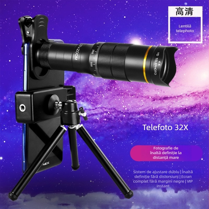 Lentilă teleobiectiv pentru telefon cu zoom 32x, obiectiv teleobiectiv extern universal pentru smartphone, reglaj rapid al zoomului, compatibil cu Apple, Samsung, Huawei, Xiaomi, Oppo