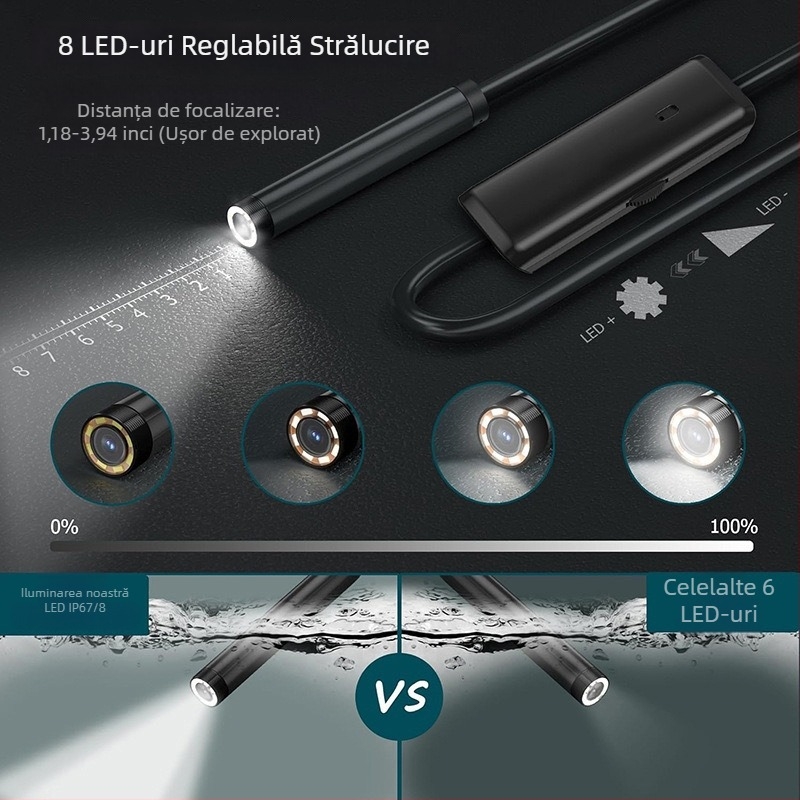 Cameră endoscop pentru piese mecanice, unghi de vizualizare 70°, IP67 impermeabil, lungime de lucru 100 cm, 1920x1440 pixeli, iluminare LED