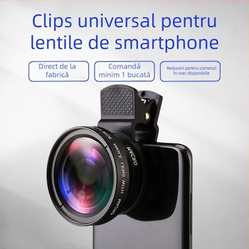 Lentilă pentru telefon 2-in-1 cu clips: montaj 37 mm, 0.45x unghi larg, filtru UV, macro