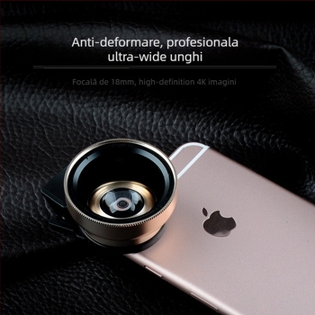 Lentilă pentru telefon 2-in-1 cu clips: montaj 37 mm, 0.45x unghi larg, filtru UV, macro