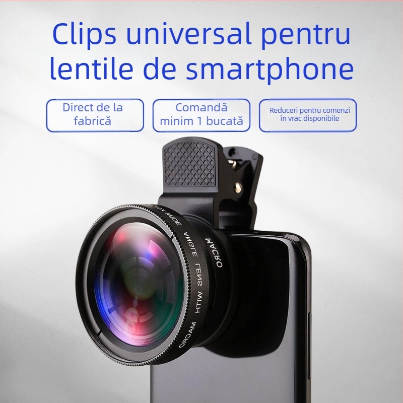 Lentilă pentru telefon 2-in-1 cu clips: montaj 37 mm, 0.45x unghi larg, filtru UV, macro