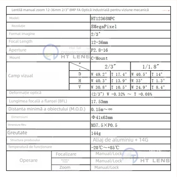 Lentilă industrială pentru viziune cu mașină, 12-36mm, C-mount, zoom manual, senzor 2/3-inch, focalizare minimă 0,15 m