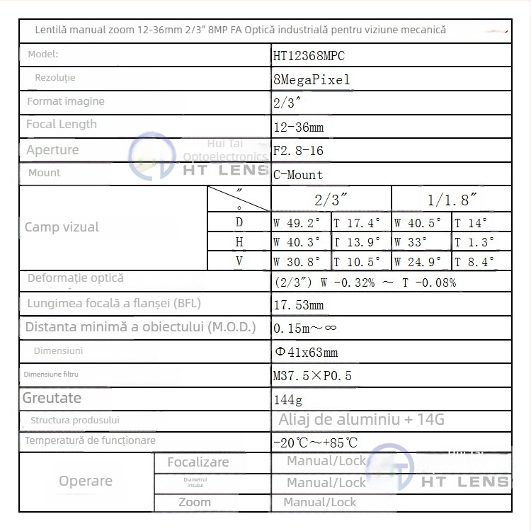 Lentilă industrială pentru viziune cu mașină, 12-36mm, C-mount, zoom manual, senzor 2/3-inch, focalizare minimă 0,15 m