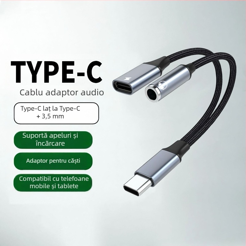 Adaptor audio 3,5 mm la Type-C cu încărcare, convertor 2 în 1 pentru căști, compatibil cu Apple, Huawei, Xiaomi, Samsung, Oppo și Vivo