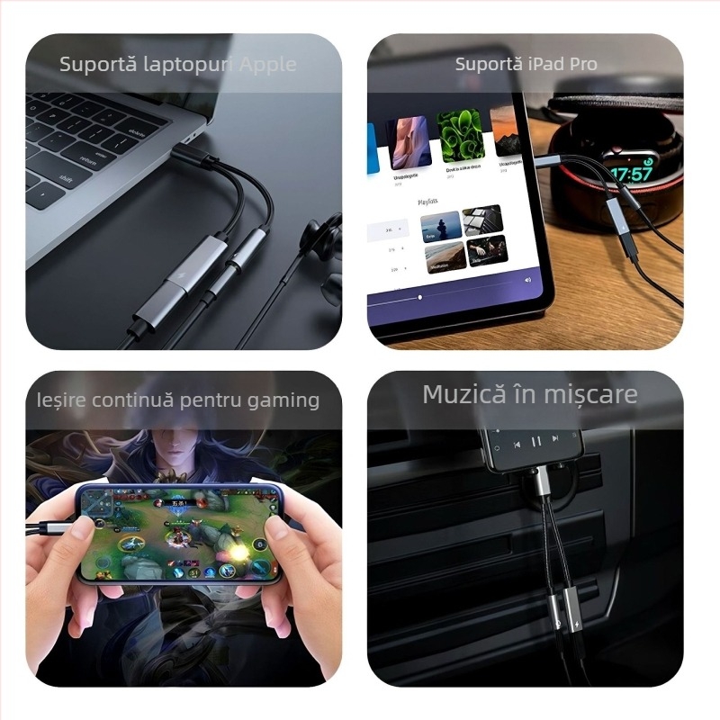 Adaptor audio 3,5 mm la Type-C cu încărcare, convertor 2 în 1 pentru căști, compatibil cu Apple, Huawei, Xiaomi, Samsung, Oppo și Vivo