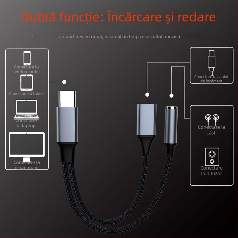 Adaptor audio 3,5 mm la Type-C cu încărcare, convertor 2 în 1 pentru căști, compatibil cu Apple, Huawei, Xiaomi, Samsung, Oppo și Vivo