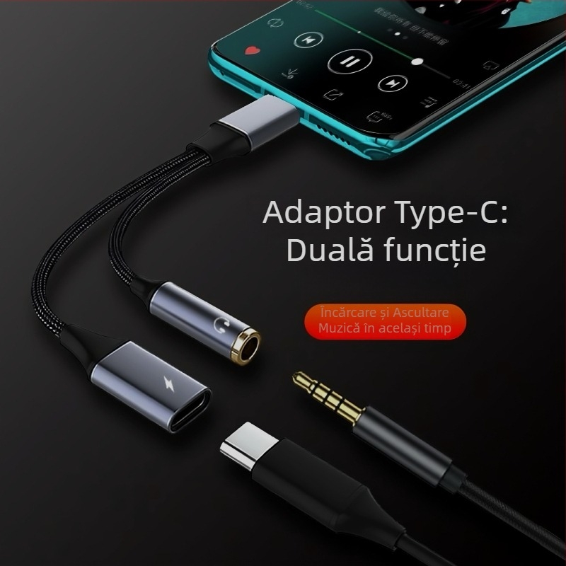 Adaptor audio 3,5 mm la Type-C cu încărcare, convertor 2 în 1 pentru căști, compatibil cu Apple, Huawei, Xiaomi, Samsung, Oppo și Vivo