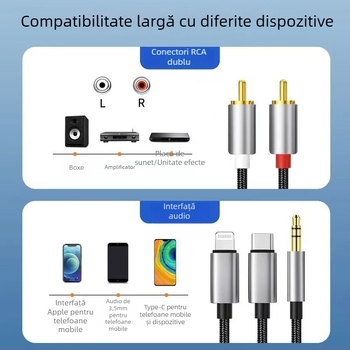 Cablu audio cu mai multe capete USB-C, Lightning, 3,5 mm și RCA, conectori placati cu nichel, conductori din cupru, certificat CE