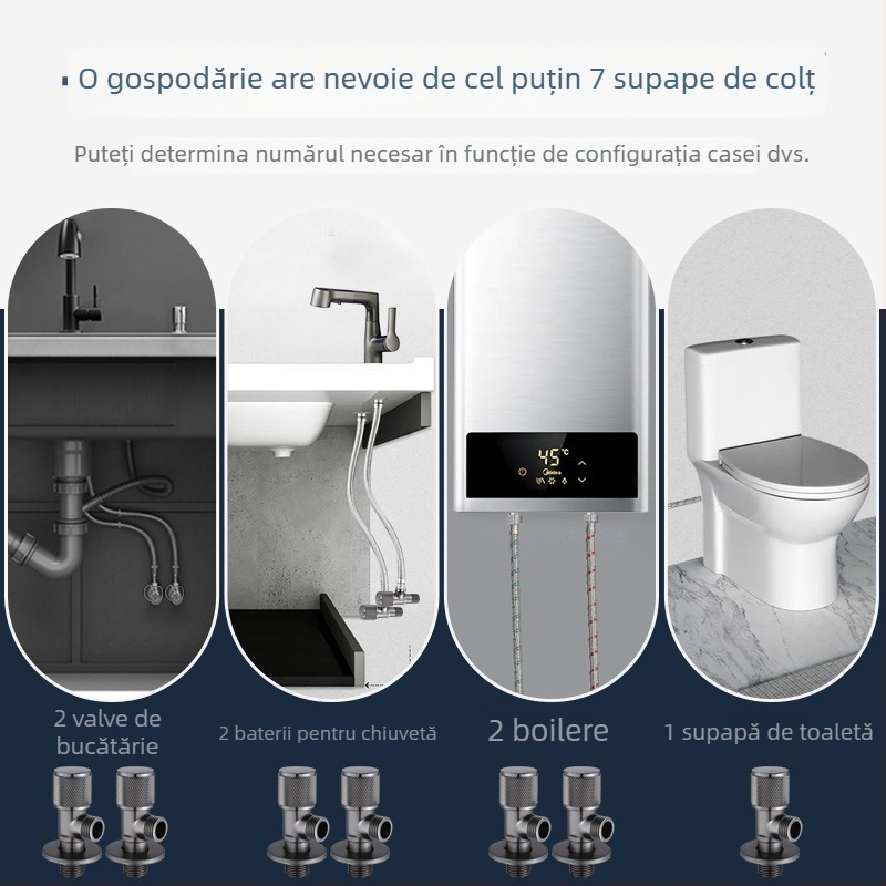 Ventil unghiular cu intrare și ieșire, cupru, montaj în perete, presiune de lucru 1.0, diametru interior standard, potrivit pentru bucătărie, toaletă și duș.