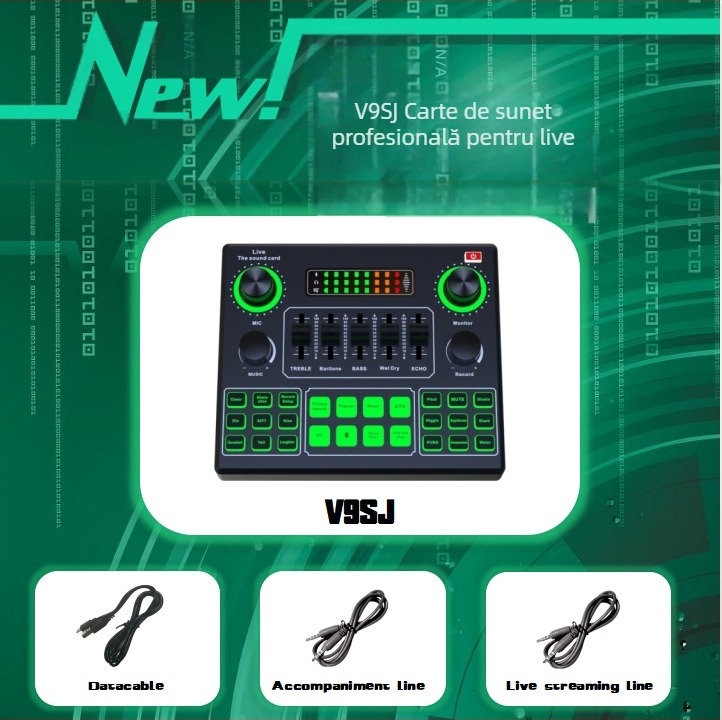 V9SJ cardă USB de sunet pentru streaming live, compatibilă cu diferite efecte sonore și microfoane pentru schimbarea vocii pentru calculatoare și telefoane mobile, baterie încorporată 500–800 mAh, SNR ≥70 dB, răspuns în frecvență 100 Hz–20 kHz, putere nomi