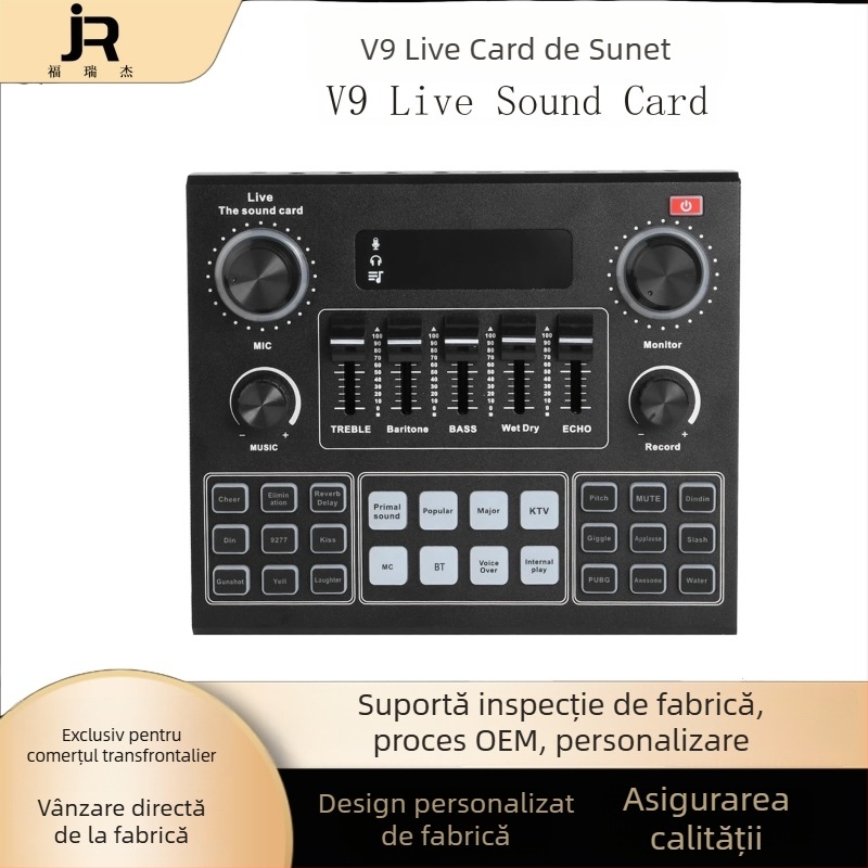 V9SJ cardă USB de sunet pentru streaming live, compatibilă cu diferite efecte sonore și microfoane pentru schimbarea vocii pentru calculatoare și telefoane mobile, baterie încorporată 500–800 mAh, SNR ≥70 dB, răspuns în frecvență 100 Hz–20 kHz, putere nomi