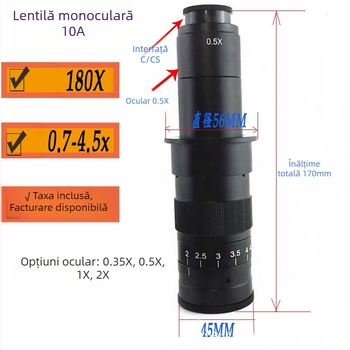 Lentilă de microscop industrial cu zoom continuu 600X, ocular monocular 0.7x-4.5x, mărire 300x, lentilă 10A, 1x