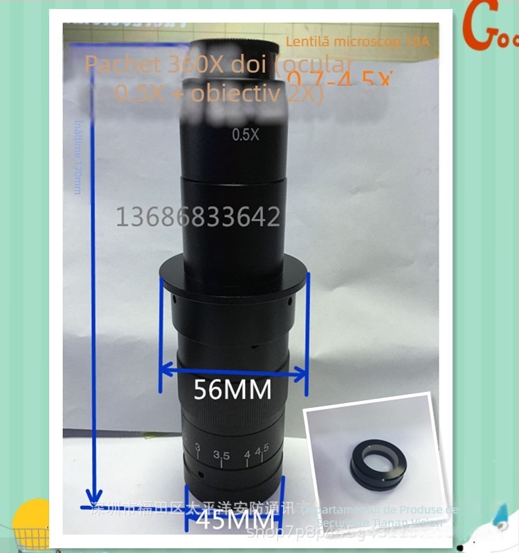 Lentilă de microscop industrial cu zoom continuu 600X, ocular monocular 0.7x-4.5x, mărire 300x, lentilă 10A, 1x
