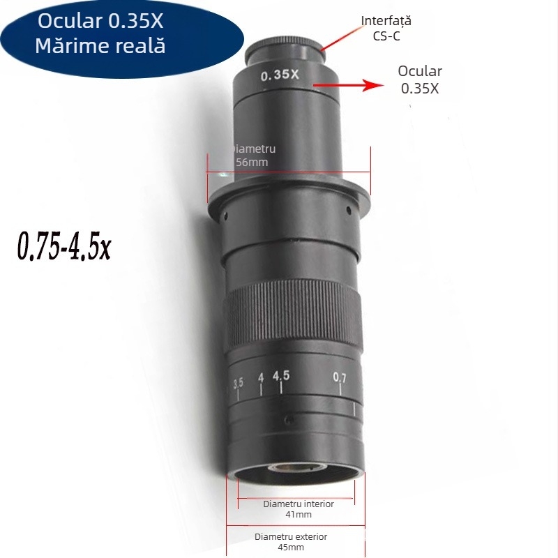 Lentilă de microscop industrial cu zoom continuu 600X, ocular monocular 0.7x-4.5x, mărire 300x, lentilă 10A, 1x