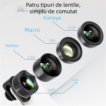 JOVOCN JV-A04 PRO Kit de obiective pentru telefon, patru în unu: unghi larg, macro, teleobiectiv, fisheye — corp din aliaj de aluminiu, sticlă optică